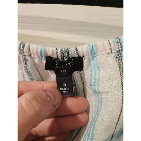 Talbots 100% Linen Striped Peasant Sleeve VNeck Top Women’s 1X Boho Tunic Blouse - Picture 2 of 5